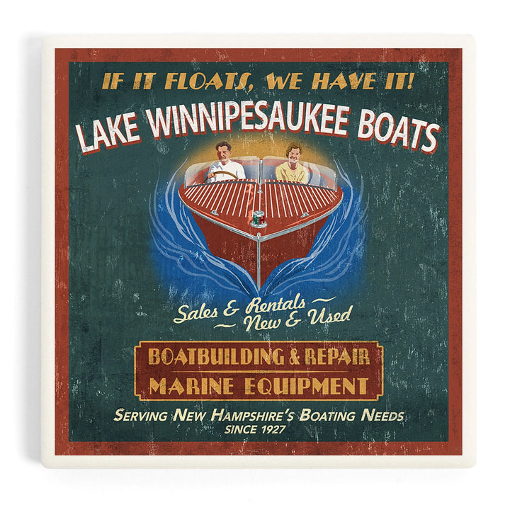 Lake Winnipesaukee, New Hampshire, Vintage Boat Sign, Coasters Coasters Lantern Press Coaster 