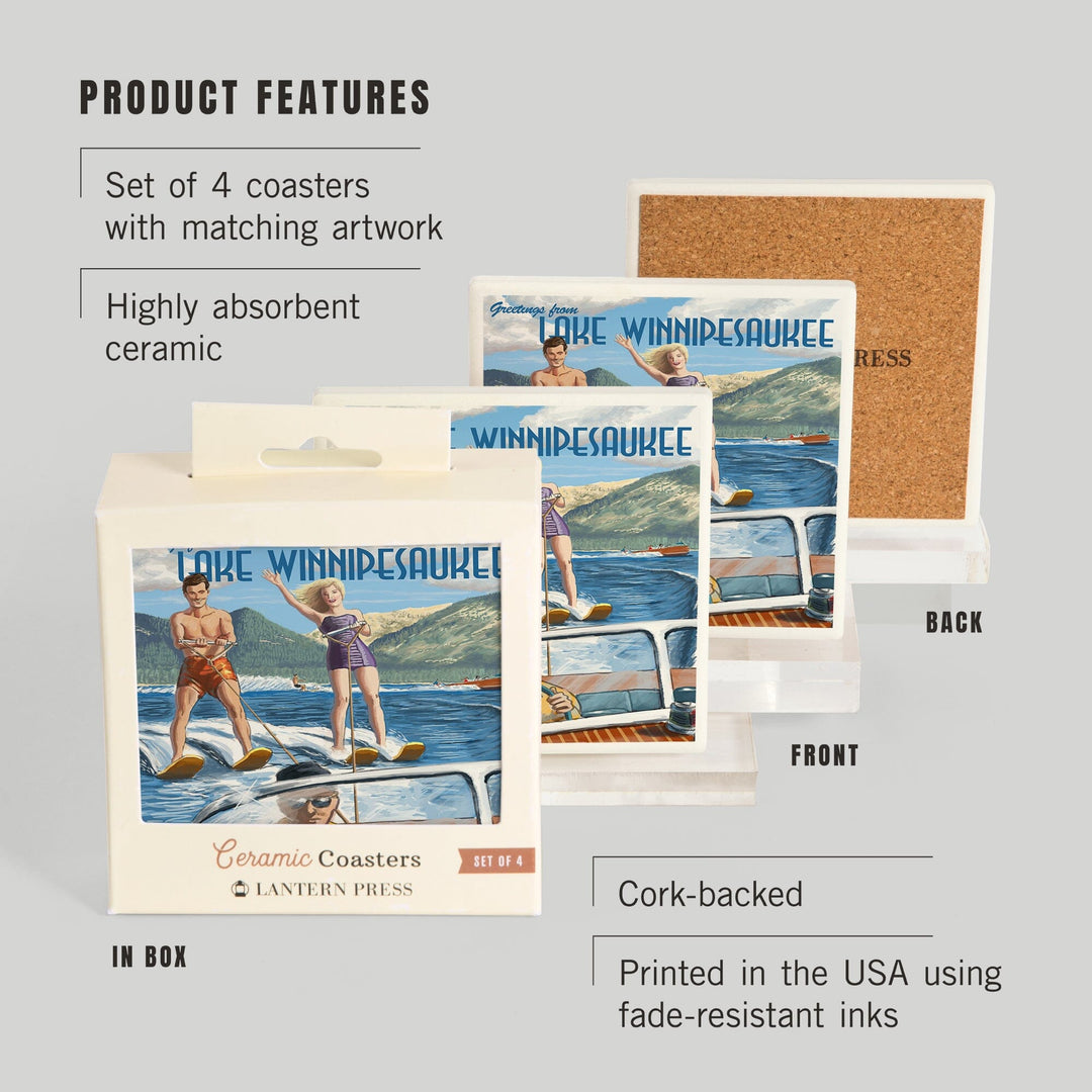 Lake Winnipesaukee, New Hampshire, Water Skiing Scene, Lantern Press Artwork, Coaster Set - Lantern Press