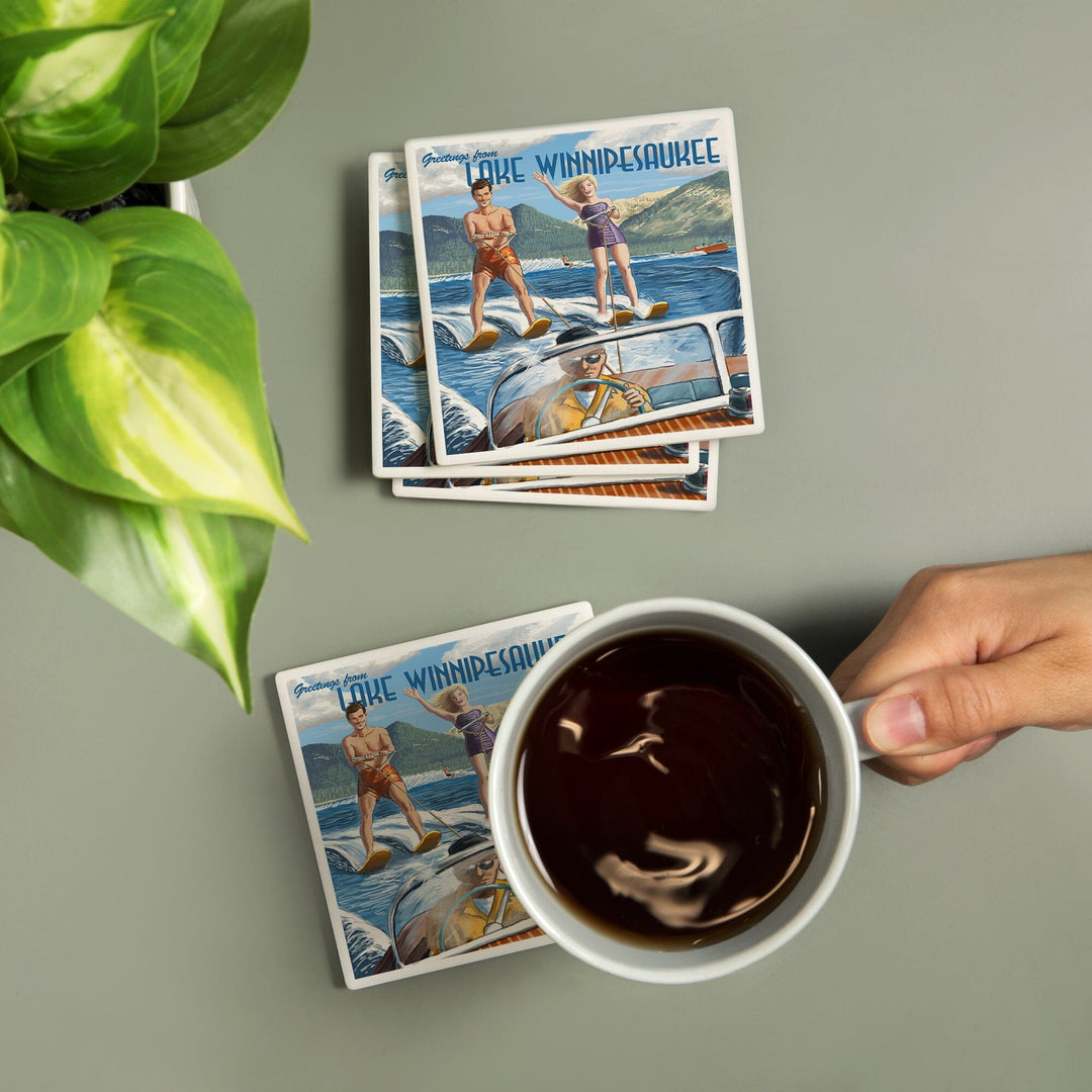 Lake Winnipesaukee, New Hampshire, Water Skiing Scene, Lantern Press Artwork, Coaster Set - Lantern Press