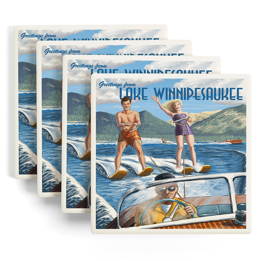 Lake Winnipesaukee, New Hampshire, Water Skiing Scene, Lantern Press Artwork, Coaster Set - Lantern Press