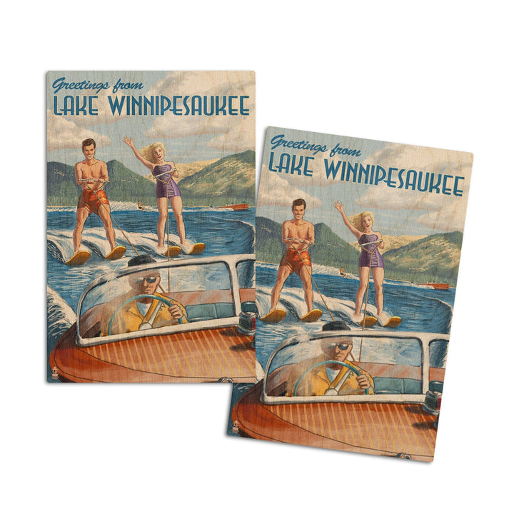 Lake Winnipesaukee, New Hampshire, Water Skiing Scene, Lantern Press Artwork, Wood Signs and Postcards Wood Lantern Press 4x6 Wood Postcard Set 