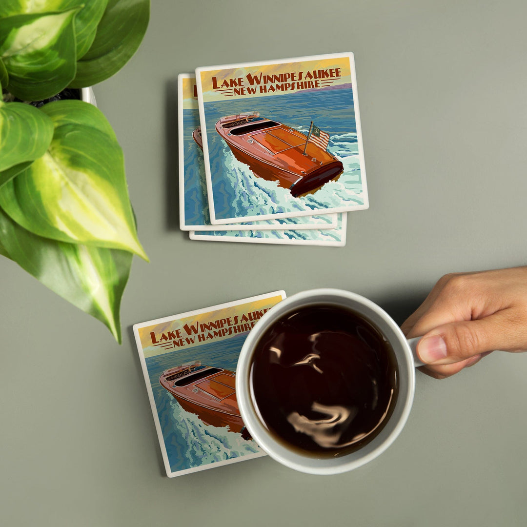 Lake Winnipesaukee, New Hampshire, Wooden Boat, Coasters Coasters Lantern Press 