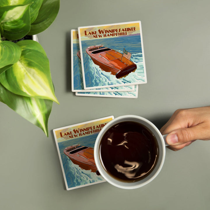 Lake Winnipesaukee, New Hampshire, Wooden Boat, Coasters Coasters Lantern Press 