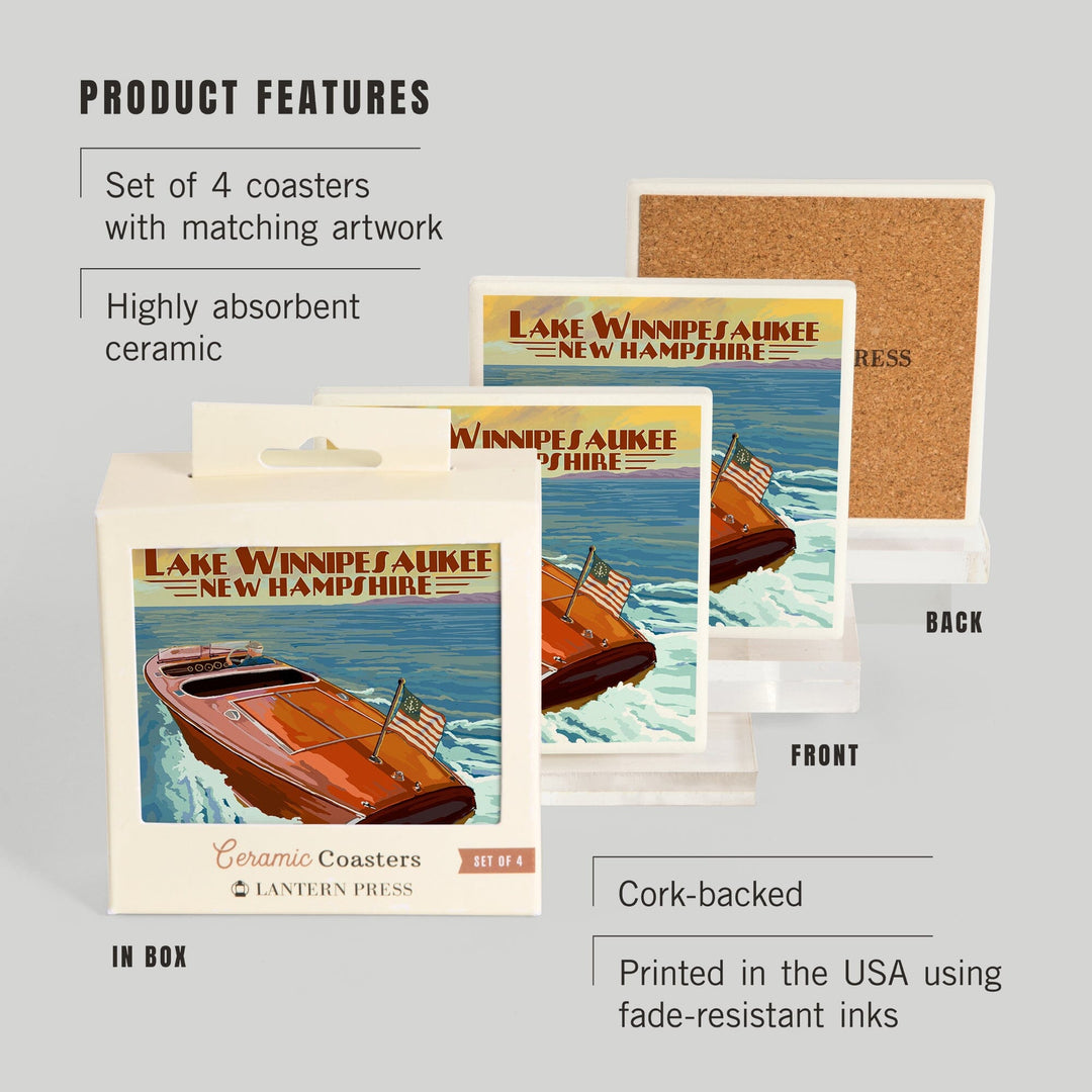 Lake Winnipesaukee, New Hampshire, Wooden Boat, Lantern Press Artwork, Coaster Set - Lantern Press