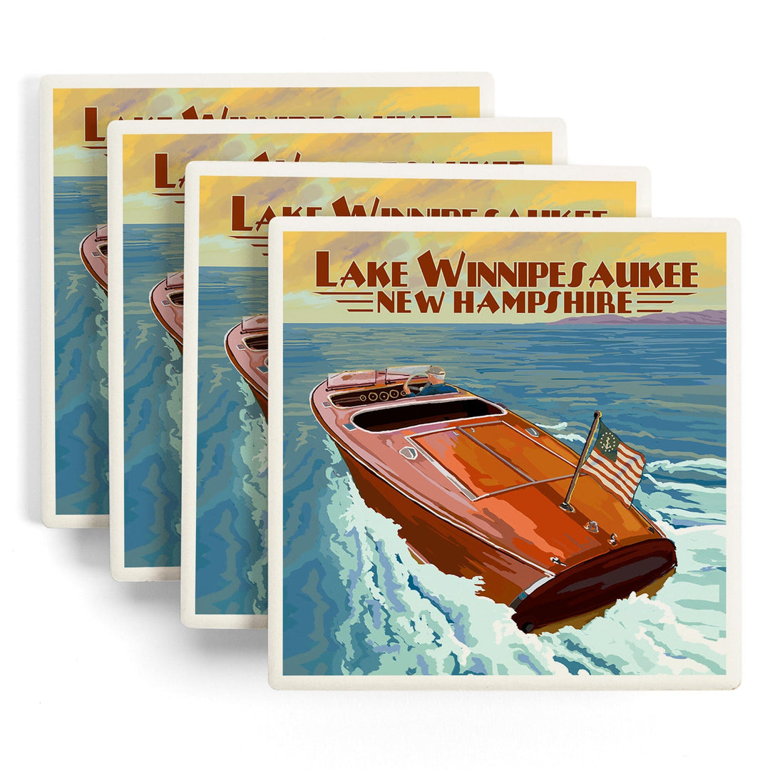 Lake Winnipesaukee, New Hampshire, Wooden Boat, Lantern Press Artwork, Coaster Set - Lantern Press