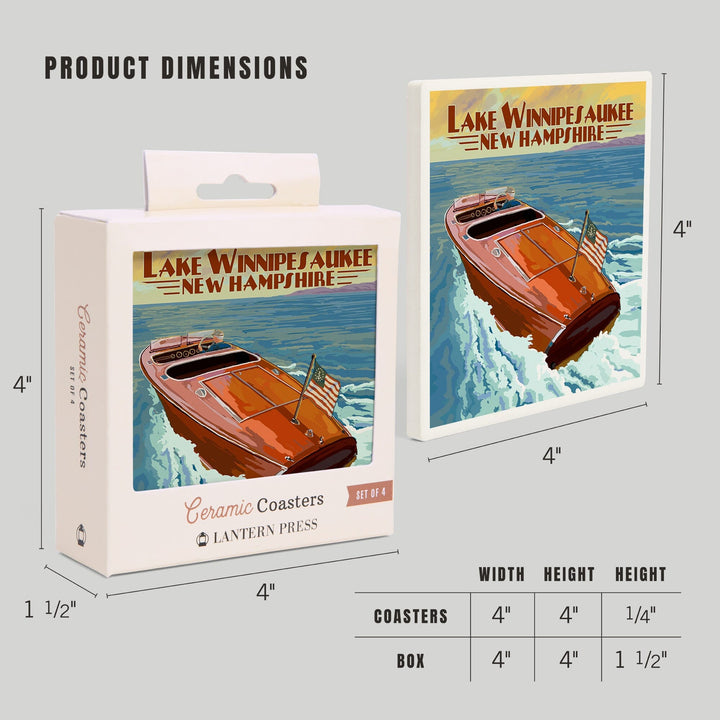 Lake Winnipesaukee, New Hampshire, Wooden Boat, Lantern Press Artwork, Coaster Set - Lantern Press