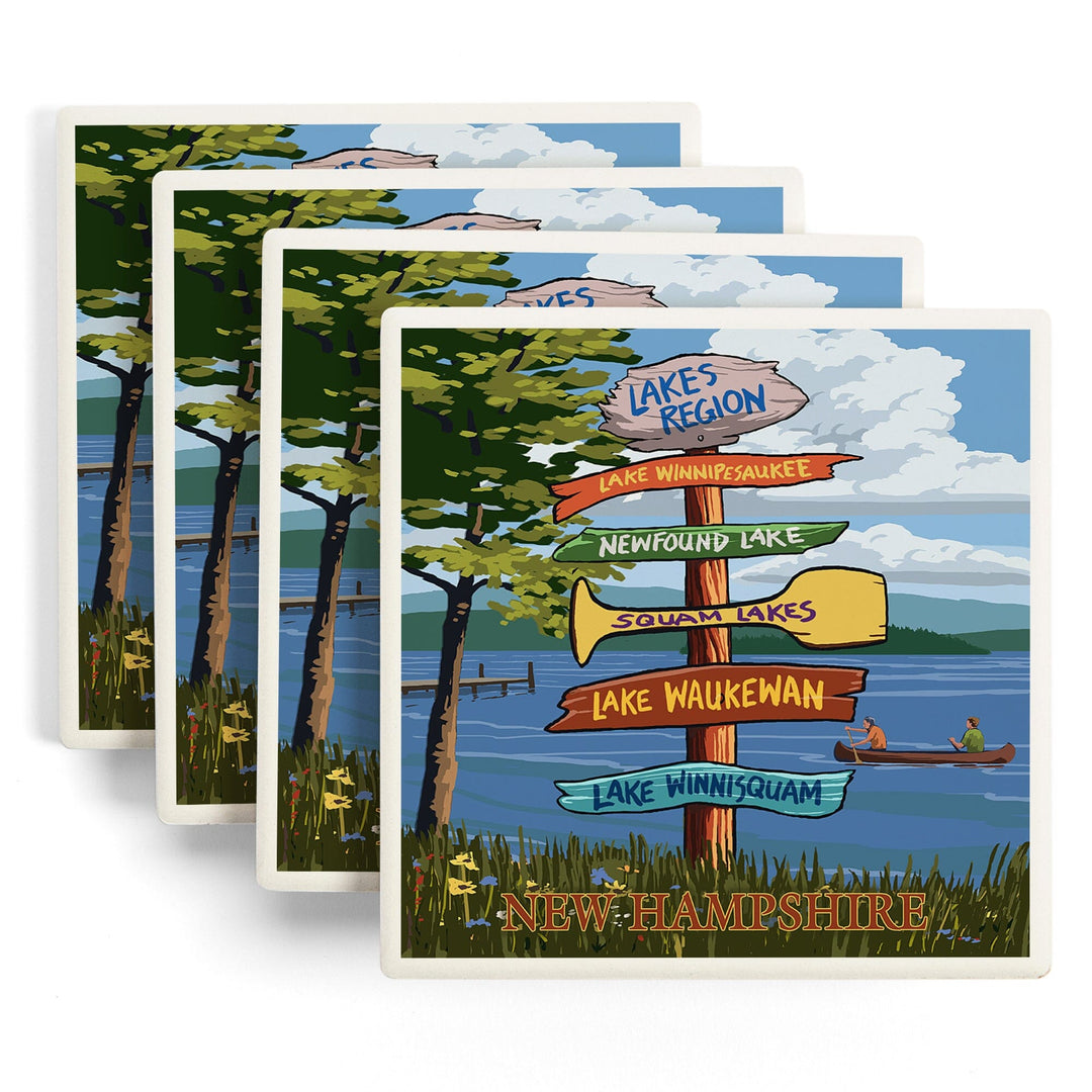 Lakes Region, New Hampshire, Destinations Sign, Lantern Press Artwork, Coaster Set - Lantern Press