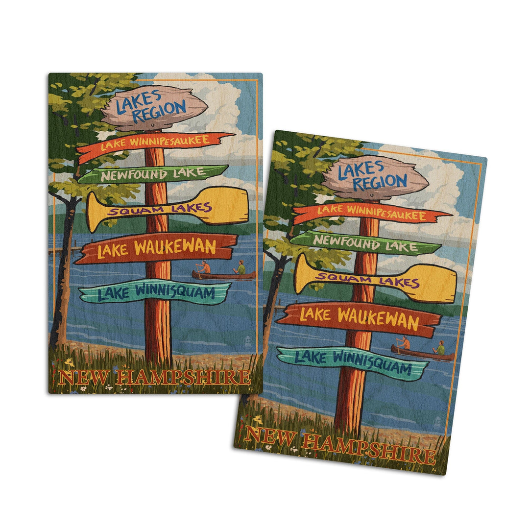 Lakes Region, New Hampshire, Destinations Sign, Lantern Press Artwork, Wood Signs and Postcards Wood Lantern Press 4x6 Wood Postcard Set 