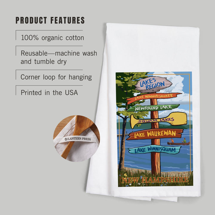 Lakes Region, New Hampshire, Destinations Sign, Organic Cotton Kitchen Tea Towels Kitchen Lantern Press 