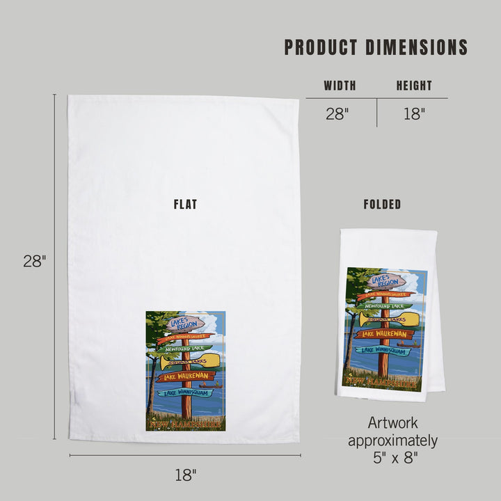 Lakes Region, New Hampshire, Destinations Sign, Organic Cotton Kitchen Tea Towels Kitchen Lantern Press 