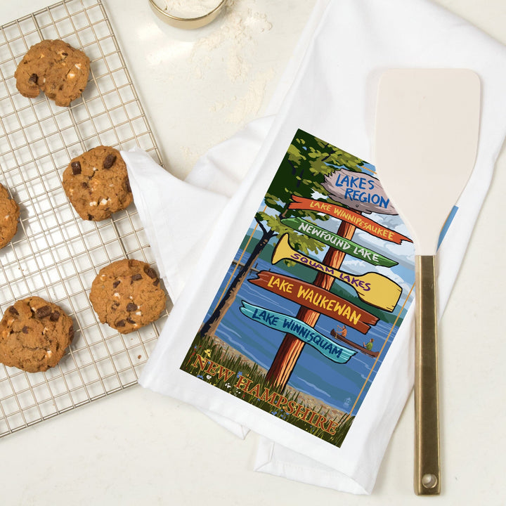 Lakes Region, New Hampshire, Destinations Sign, Organic Cotton Kitchen Tea Towels Kitchen Lantern Press 