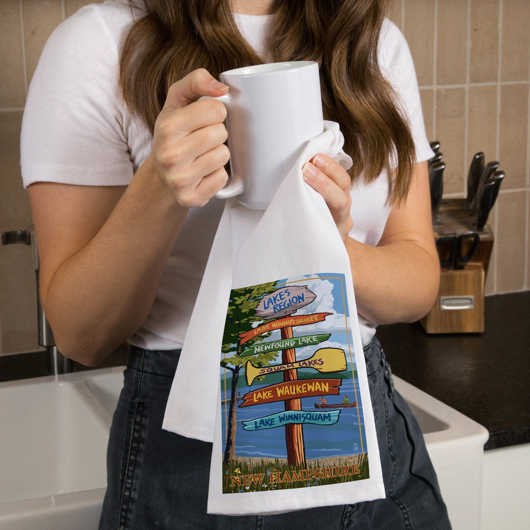 Lakes Region, New Hampshire, Destinations Sign, Organic Cotton Kitchen Tea Towels Kitchen Lantern Press 