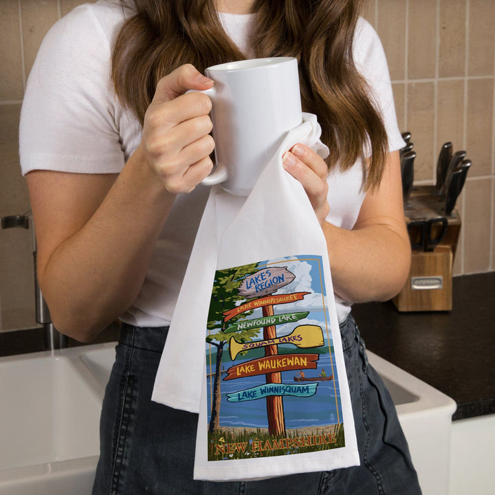 Lakes Region, New Hampshire, Destinations Sign, Organic Cotton Kitchen Tea Towels Kitchen Lantern Press 