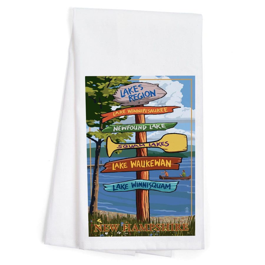 Lakes Region, New Hampshire, Destinations Sign, Organic Cotton Kitchen Tea Towels Kitchen Lantern Press 
