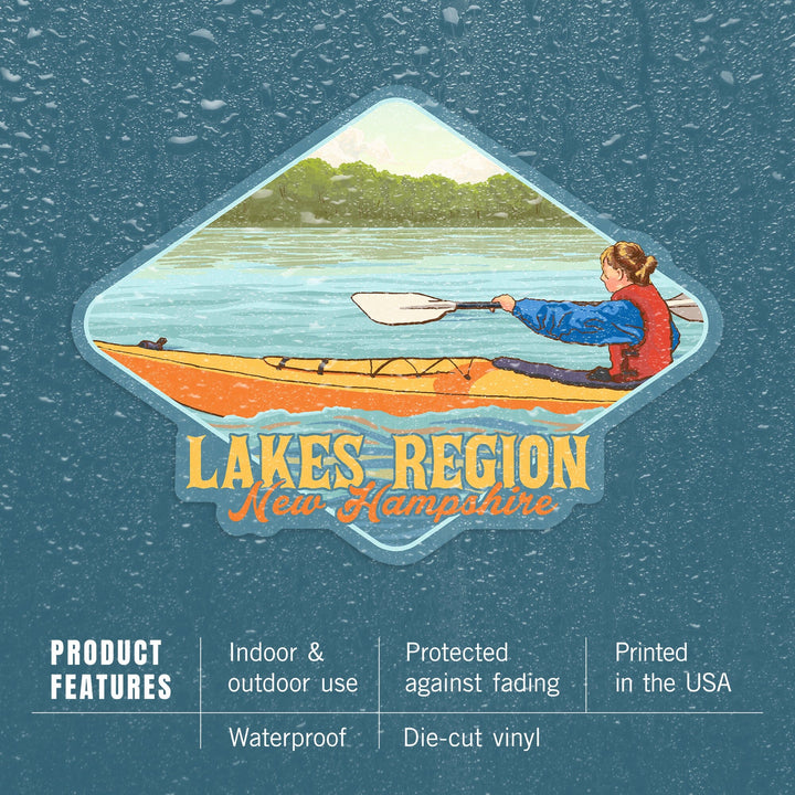 Lakes Region, New Hampshire, Kayak Scene, Contour, Vinyl Sticker Sticker Lantern Press 