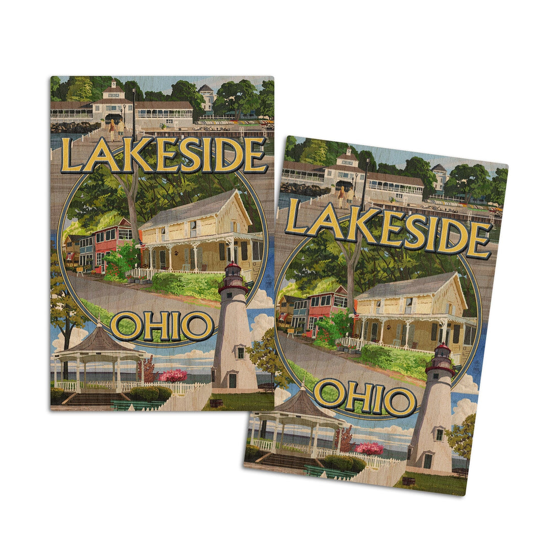 Lakeside, Ohio, Montage Scenes, Lantern Press Poster, Wood Signs and Postcards Wood Lantern Press 4x6 Wood Postcard Set 