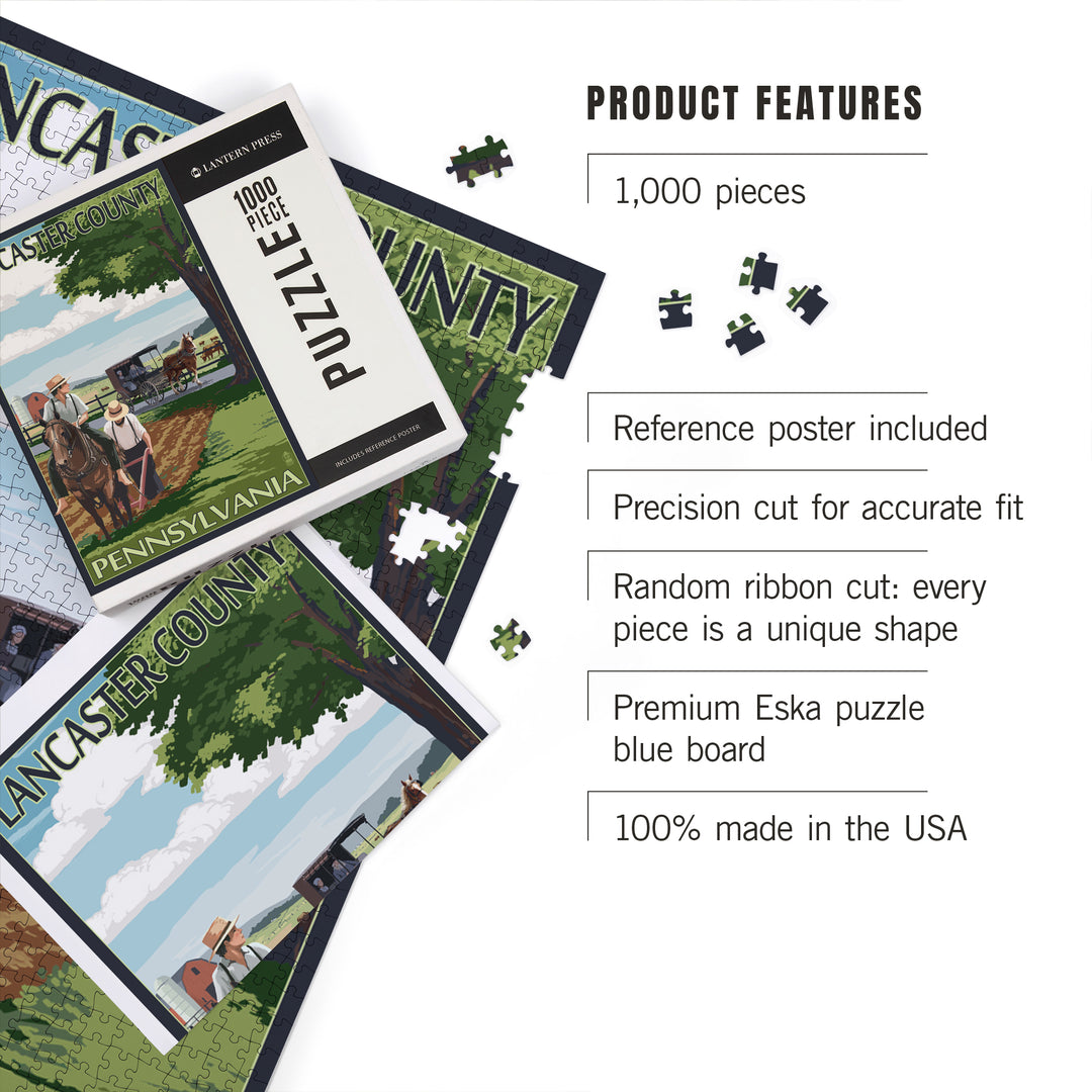 Lancaster County, Pennsylvania, Amish Farm Scene, Jigsaw Puzzle Puzzle Lantern Press 