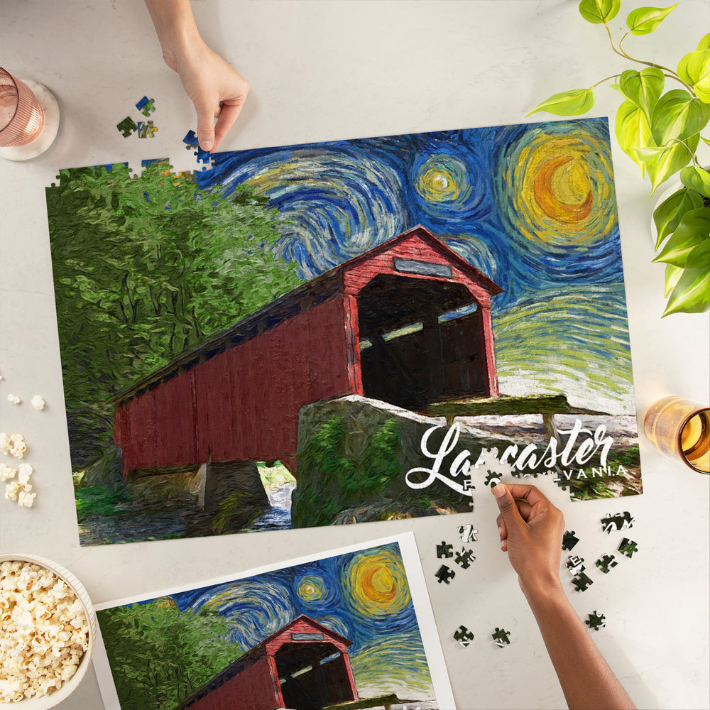 Lancaster County, Pennsylvania, Covered Bridge, Starry Night, Jigsaw Puzzle Puzzle Lantern Press 