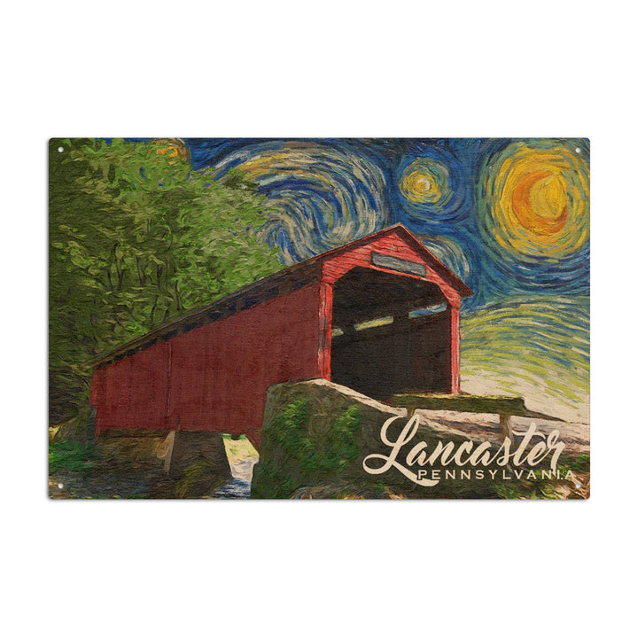 Lancaster County, Pennsylvania, Covered Bridge, Starry Night, Lantern Press Artwork, Wood Signs and Postcards Wood Lantern Press 10 x 15 Wood Sign 