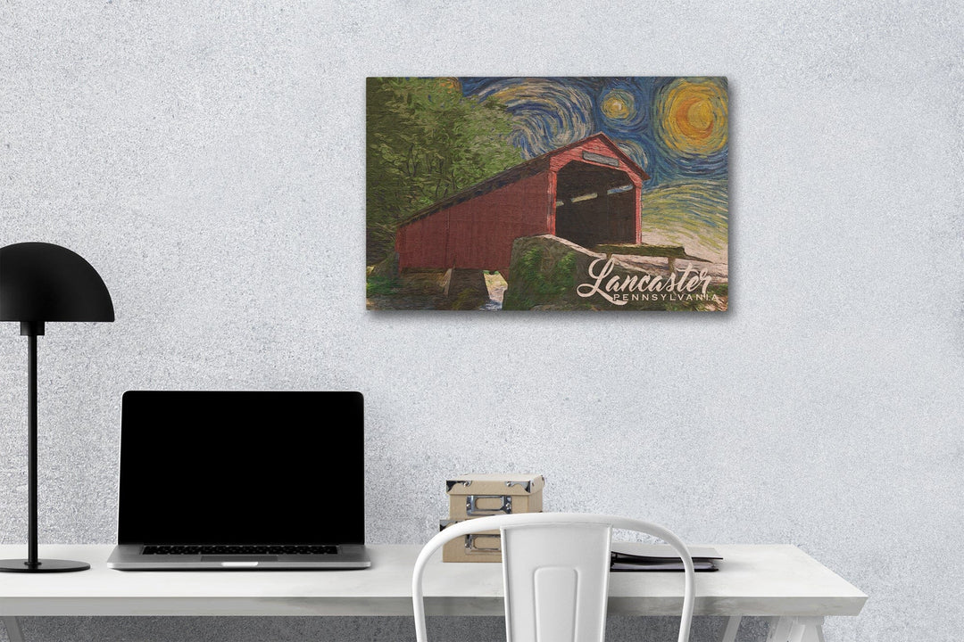 Lancaster County, Pennsylvania, Covered Bridge, Starry Night, Lantern Press Artwork, Wood Signs and Postcards Wood Lantern Press 12 x 18 Wood Gallery Print 