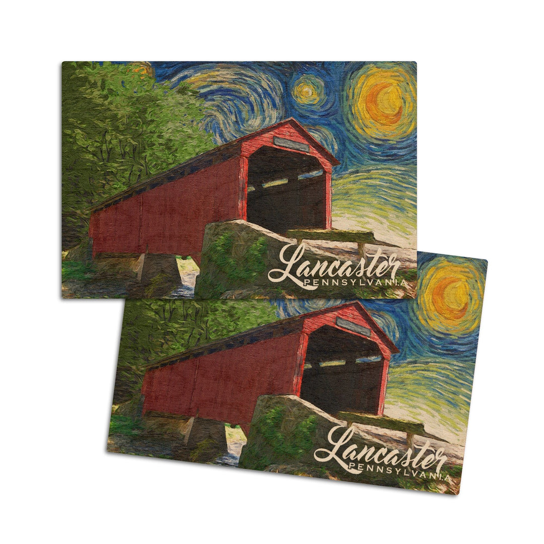 Lancaster County, Pennsylvania, Covered Bridge, Starry Night, Lantern Press Artwork, Wood Signs and Postcards Wood Lantern Press 4x6 Wood Postcard Set 
