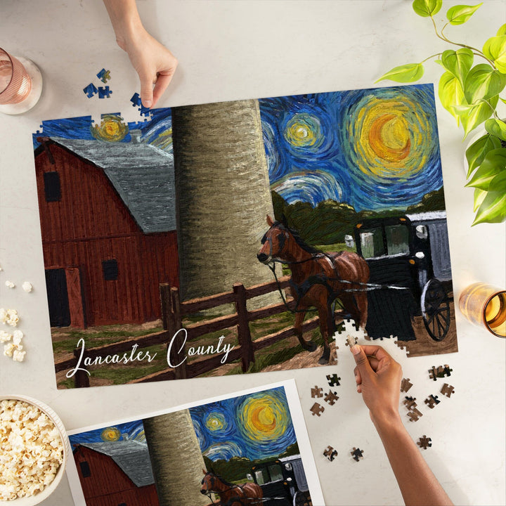 Lancaster County, Pennsylvania, Farm Scene, Starry Night, Jigsaw Puzzle Puzzle Lantern Press 