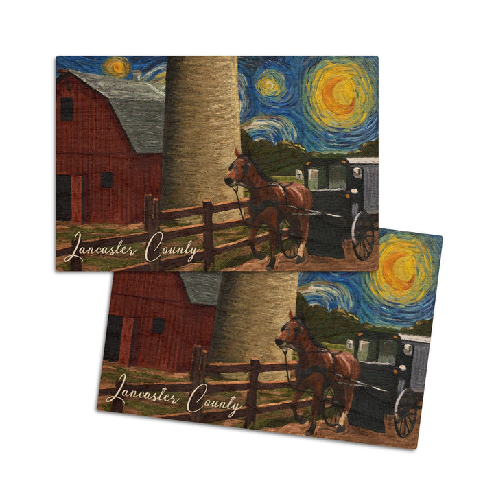 Lancaster County, Pennsylvania, Farm Scene, Starry Night, Lantern Press Artwork, Wood Signs and Postcards Wood Lantern Press 4x6 Wood Postcard Set 