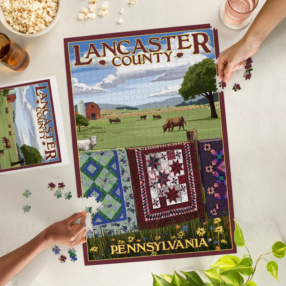 Lancaster County, Pennsylvania, View with Quilts on Fence, Jigsaw Puzzle Puzzle Lantern Press 