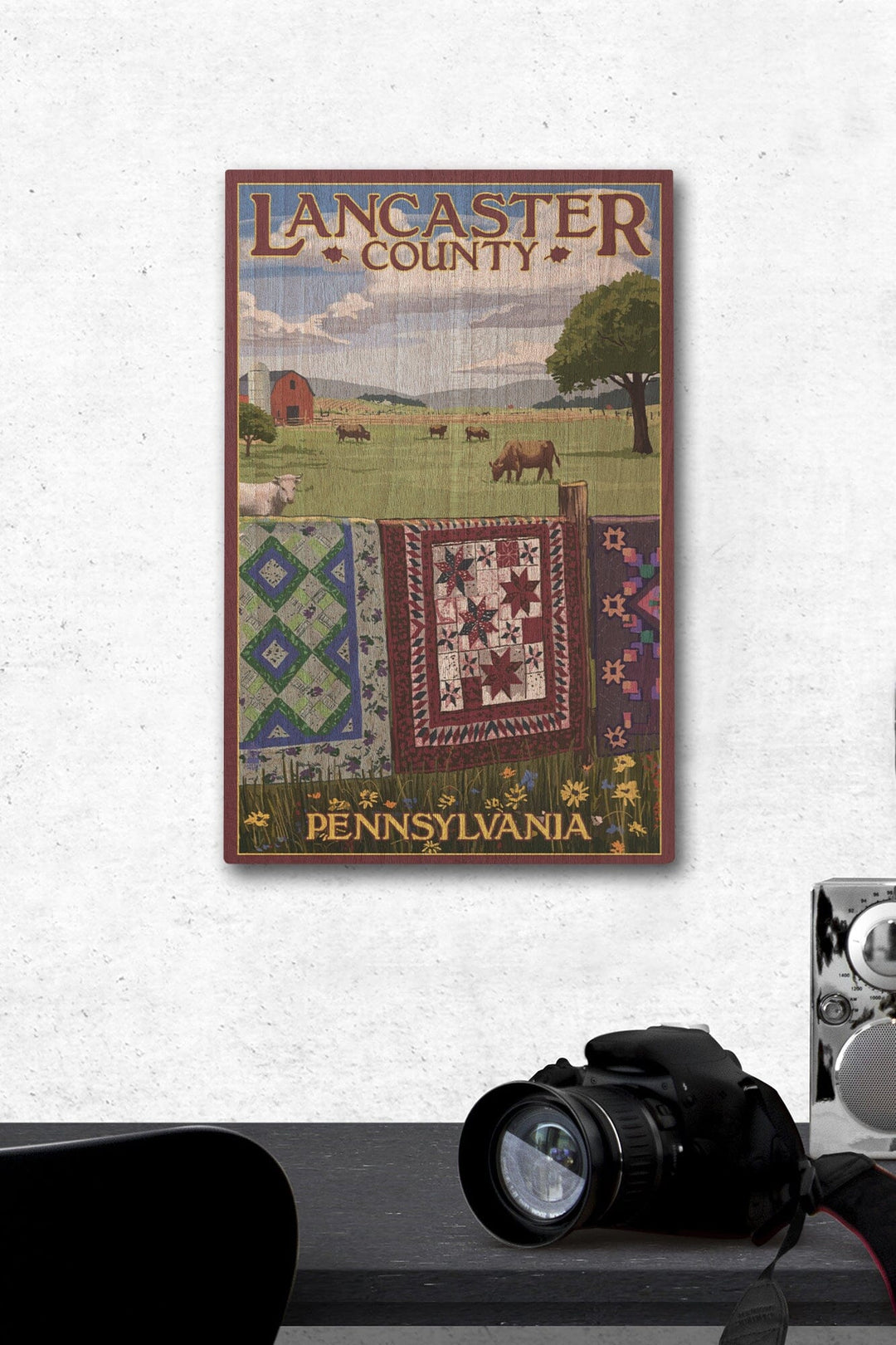 Lancaster County, Pennsylvania, View with Quilts on Fence, Lantern Press Artwork, Wood Signs and Postcards Wood Lantern Press 12 x 18 Wood Gallery Print 