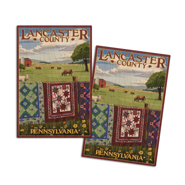 Lancaster County, Pennsylvania, View with Quilts on Fence, Lantern Press Artwork, Wood Signs and Postcards Wood Lantern Press 4x6 Wood Postcard Set 