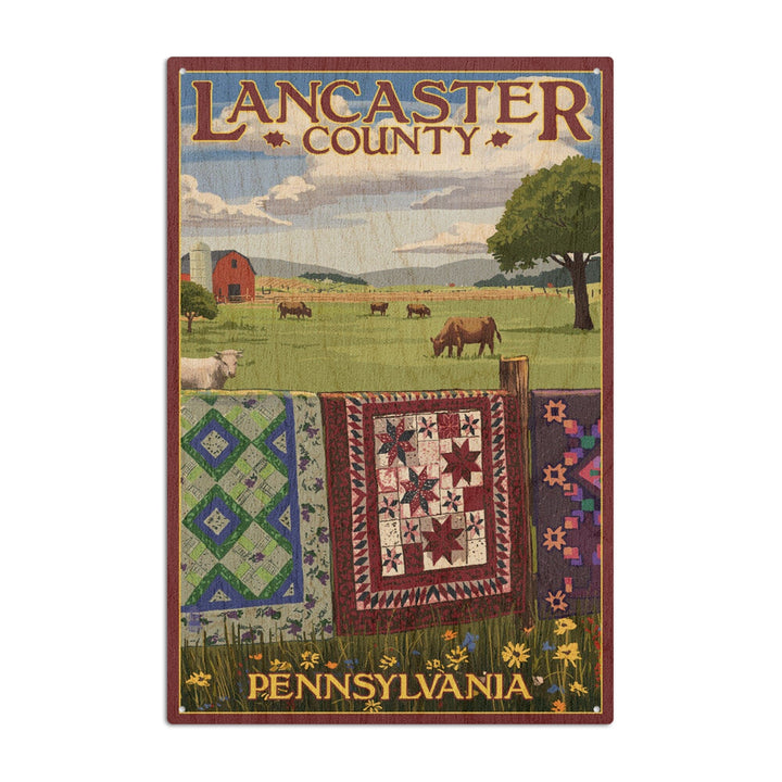 Lancaster County, Pennsylvania, View with Quilts on Fence, Lantern Press Artwork, Wood Signs and Postcards Wood Lantern Press 6x9 Wood Sign 
