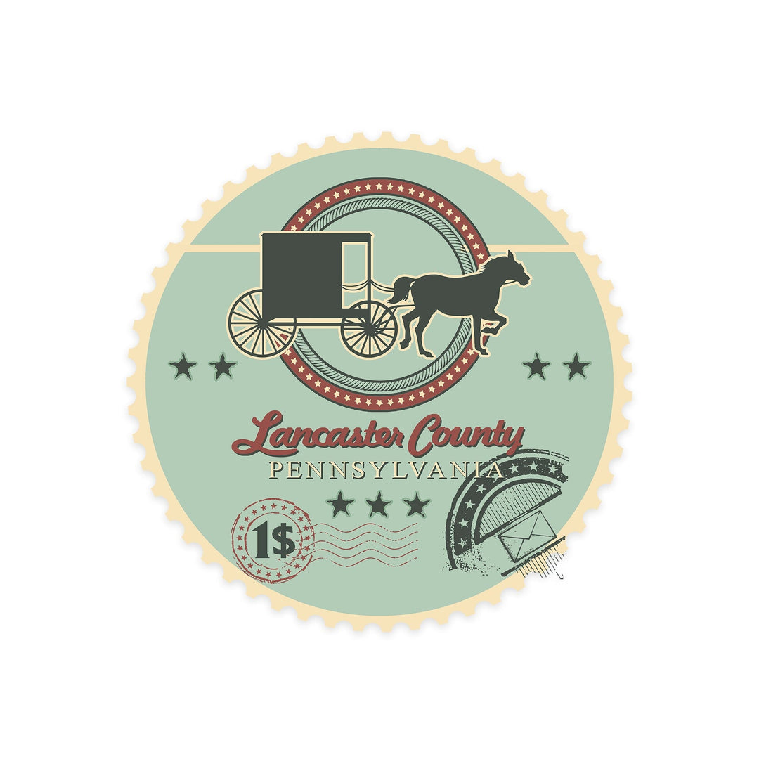Lancaster, Pennsylvania, Horse and Buggy Stamp, Contour, Vinyl Sticker Sticker Lantern Press 