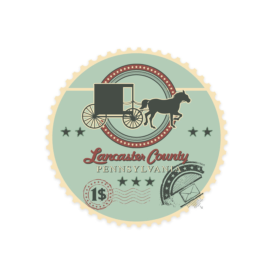 Lancaster, Pennsylvania, Horse and Buggy Stamp, Contour, Vinyl Sticker Sticker Lantern Press 