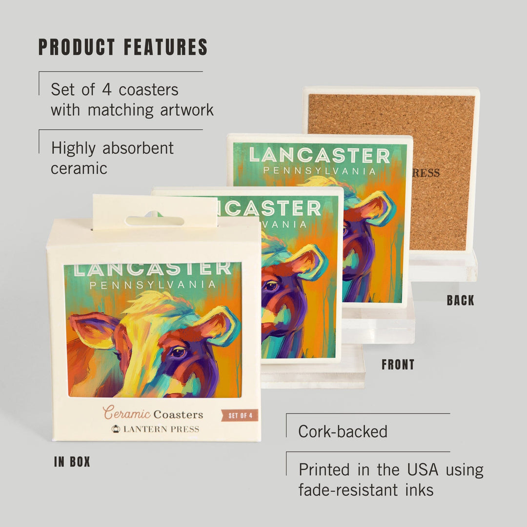 Lancaster, Pennsylvania, Vivid, Cow, Coasters Coasters Lantern Press 