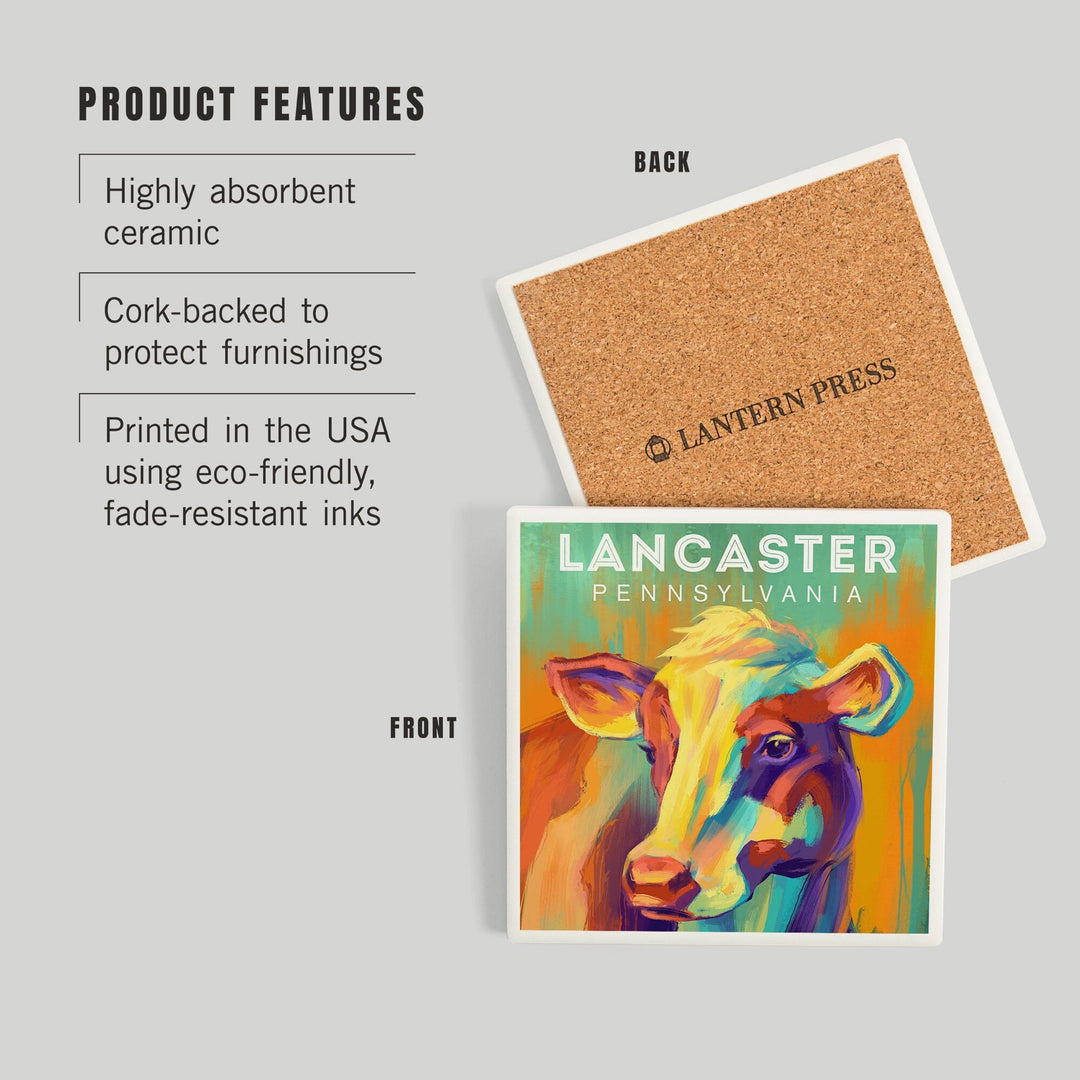 Lancaster, Pennsylvania, Vivid, Cow, Coasters Coasters Lantern Press 
