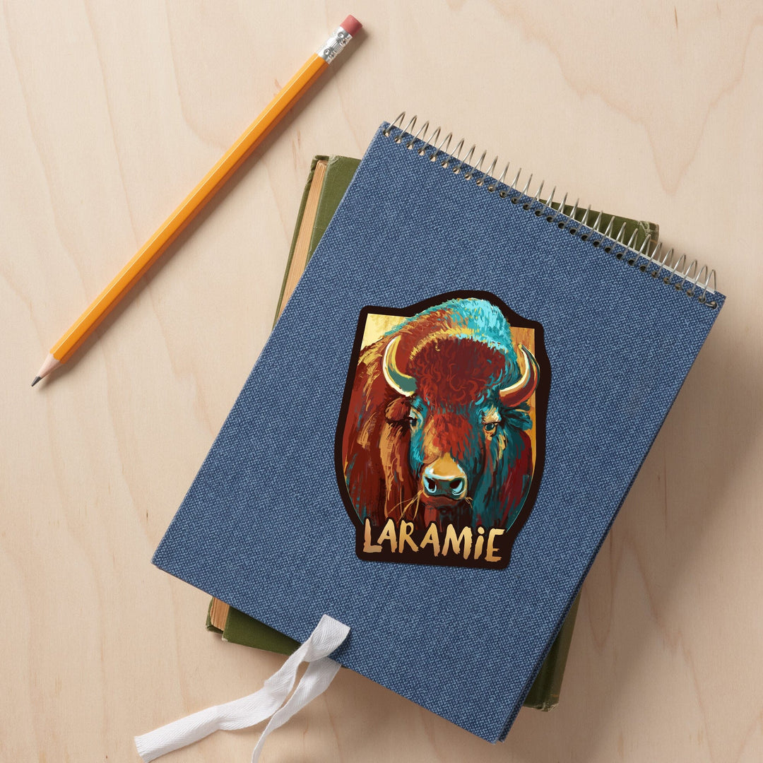 Laramie, Wyoming, Bison, Vivid, Contour, Lantern Press Artwork, Vinyl Sticker - Lantern Press