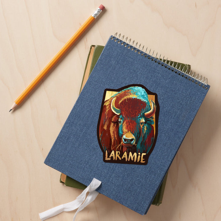 Laramie, Wyoming, Bison, Vivid, Contour, Lantern Press Artwork, Vinyl Sticker - Lantern Press