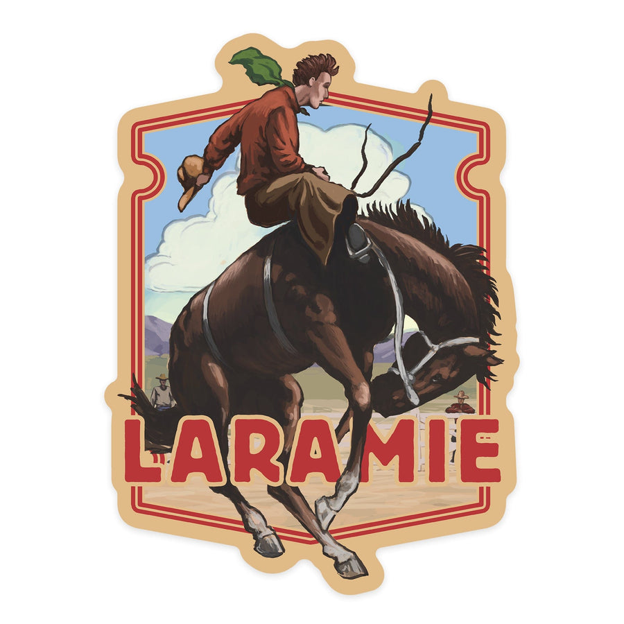 Laramie, Wyoming, Cowboy and Bronco Scene, Contour, Vinyl Sticker - Lantern Press