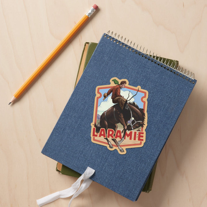 Laramie, Wyoming, Cowboy and Bronco Scene, Contour, Vinyl Sticker - Lantern Press