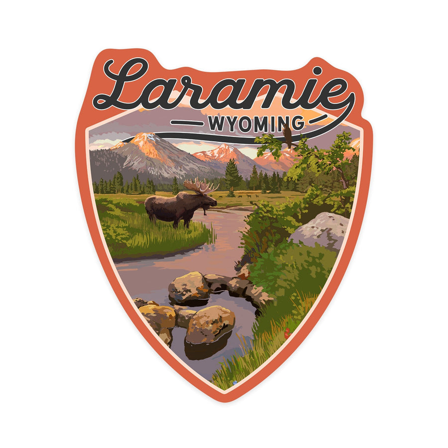 Laramie, Wyoming, Moose & Mountain Stream at Sunset, Contour, Lantern Press Artwork, Vinyl Sticker Sticker Lantern Press 