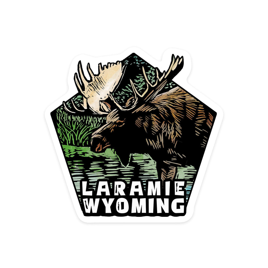 Laramie, Wyoming, Moose, Scratchboard, Contour, Vinyl Sticker Sticker Lantern Press 