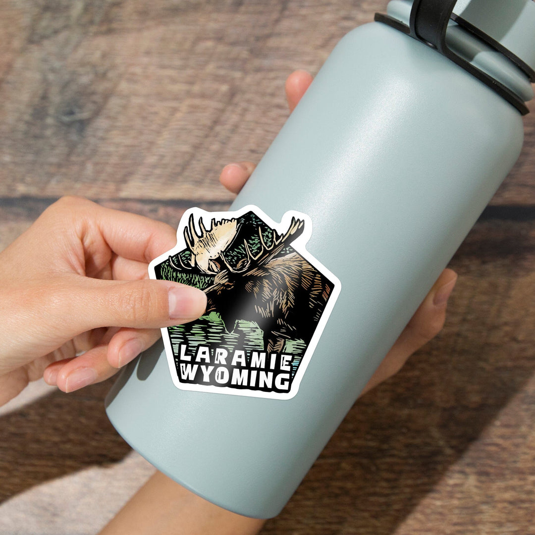 Laramie, Wyoming, Moose, Scratchboard, Contour, Vinyl Sticker Sticker Lantern Press 