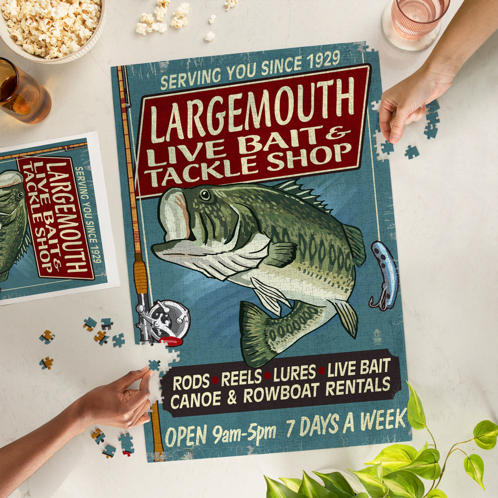 Large Mouth Bass Tackle, Vintage Sign, Jigsaw Puzzle Puzzle Lantern Press 
