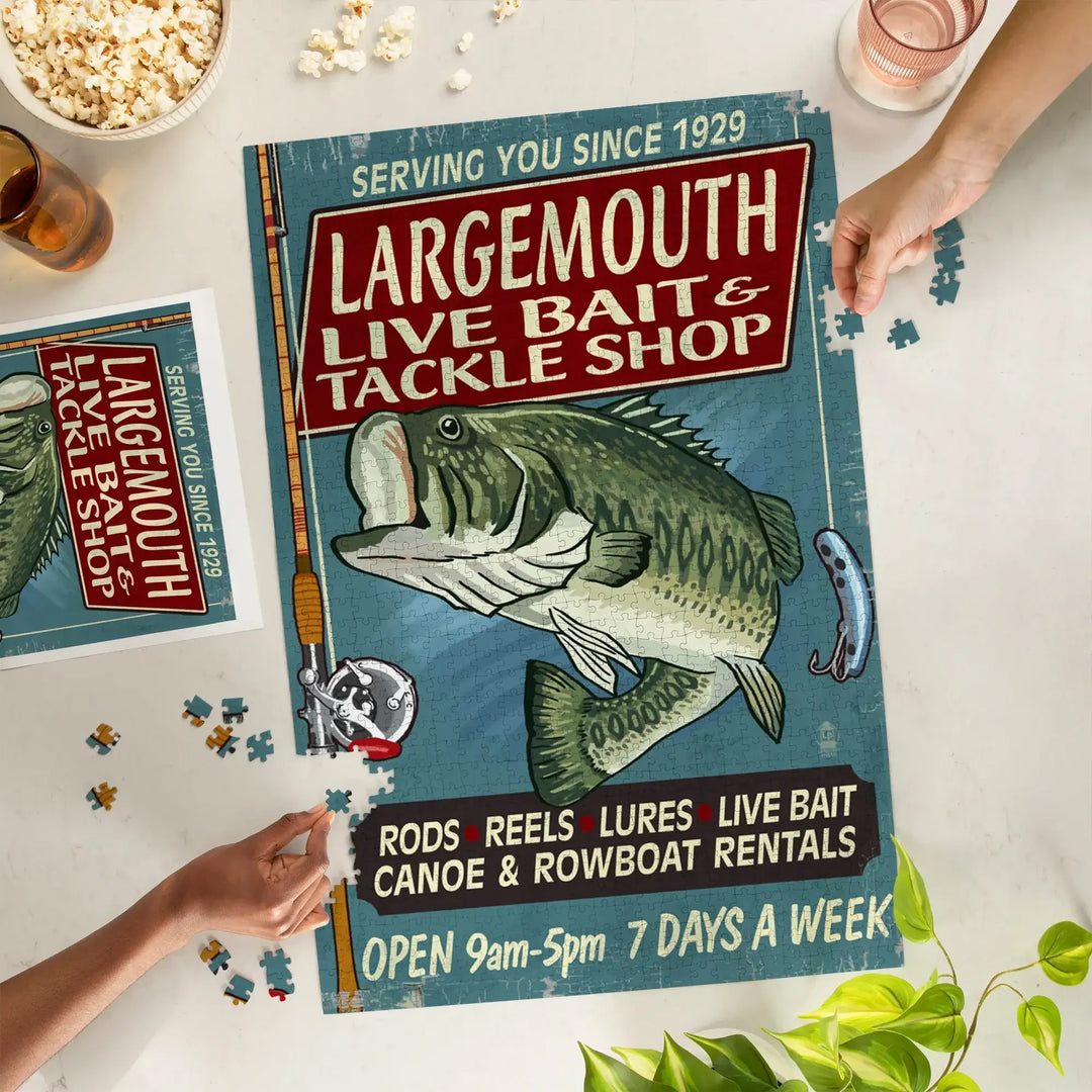 Large Mouth Bass Tackle, Vintage Sign, Jigsaw Puzzle Puzzle Lantern Press 