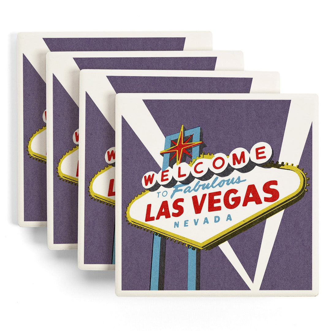 Las Vegas, Nevada, Welcome Sign Woodblock, Lantern Press Artwork, Coaster Set - Lantern Press