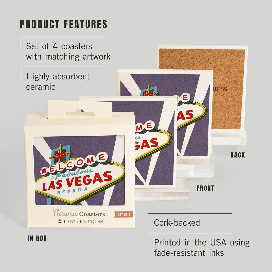 Las Vegas, Nevada, Welcome Sign Woodblock, Lantern Press Artwork, Coaster Set - Lantern Press