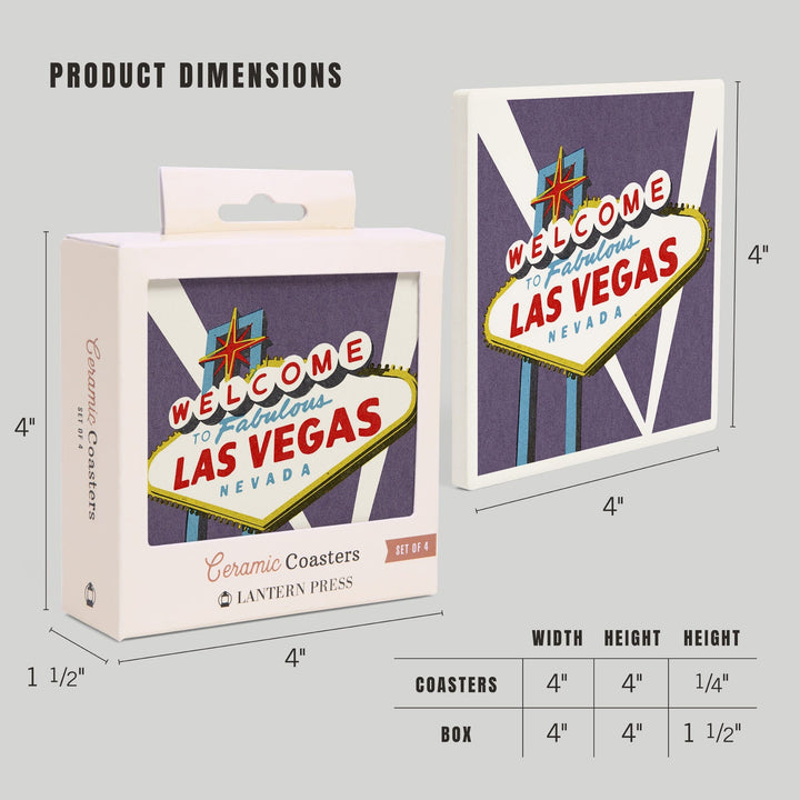 Las Vegas, Nevada, Welcome Sign Woodblock, Lantern Press Artwork, Coaster Set - Lantern Press