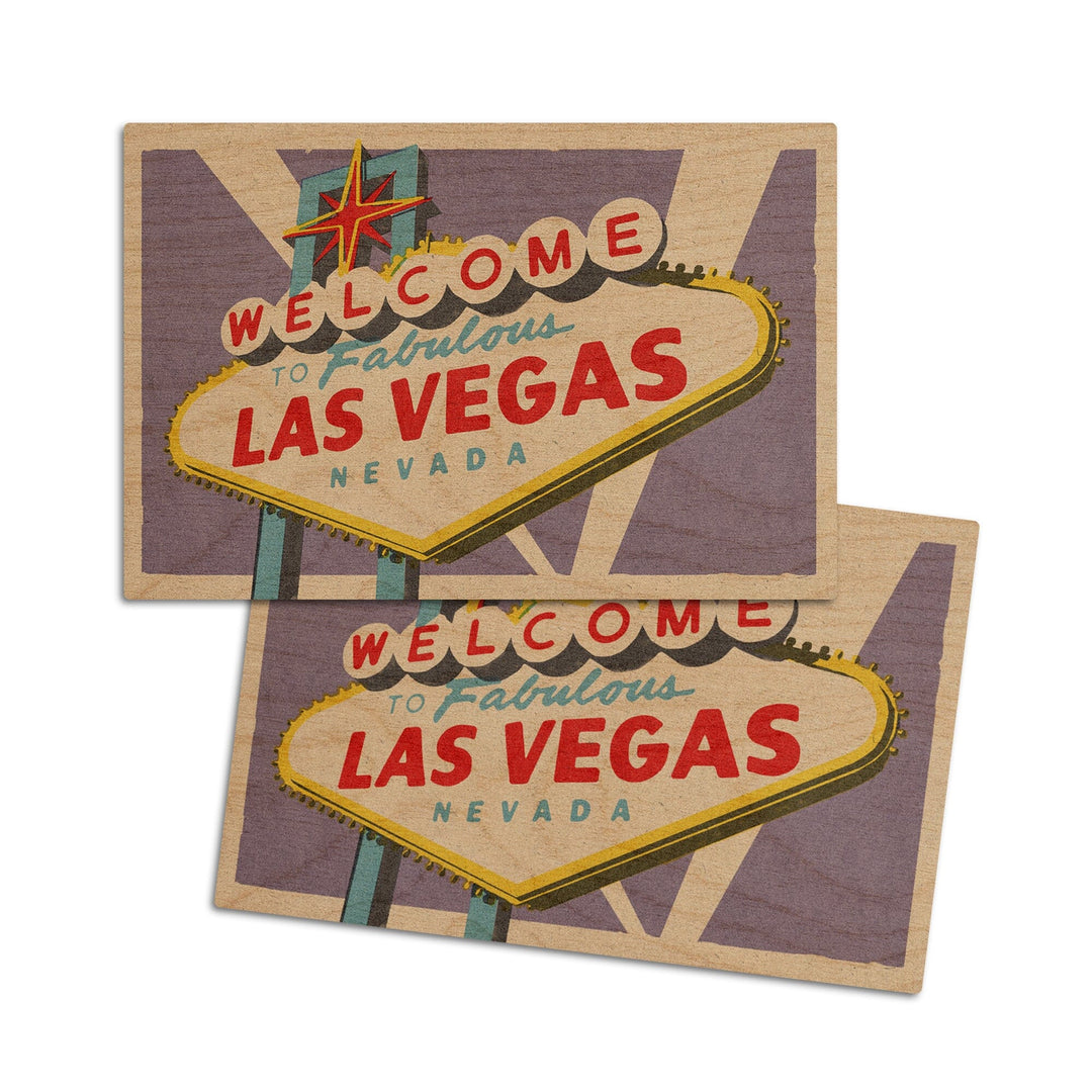 Las Vegas, Nevada, Welcome Sign Woodblock, Lantern Press Artwork, Wood Signs and Postcards Wood Lantern Press 4x6 Wood Postcard Set 