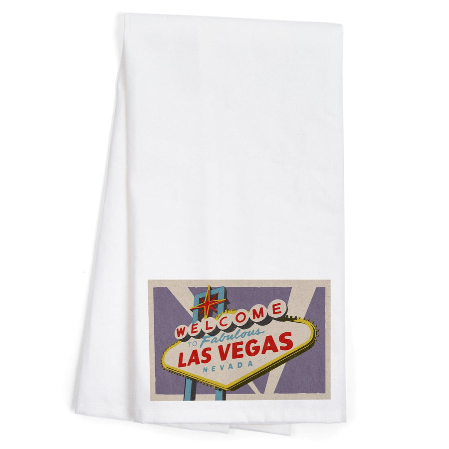 Las Vegas, Nevada, Welcome Sign Woodblock, Organic Cotton Kitchen Tea Towels Kitchen Lantern Press 