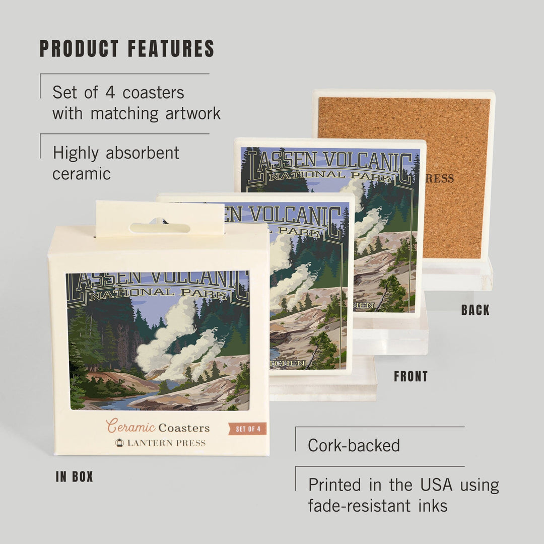 Lassen Volcanic National Park, California, Devil's Kitchen, Lantern Press Artwork, Coaster Set - Lantern Press